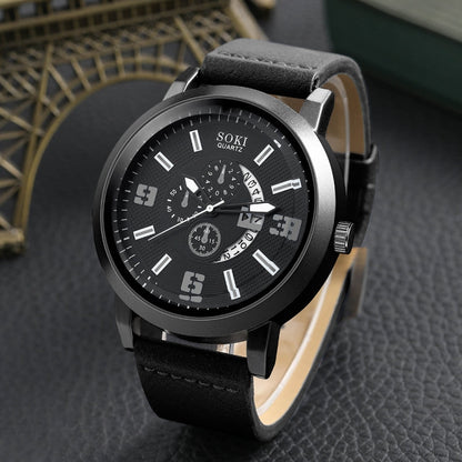 SOKI Men Business Alloy Quartz Watch Jewelry Set Black White