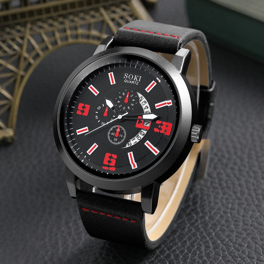 SOKI Men Business Alloy Quartz Watch Jewelry Set Black Red